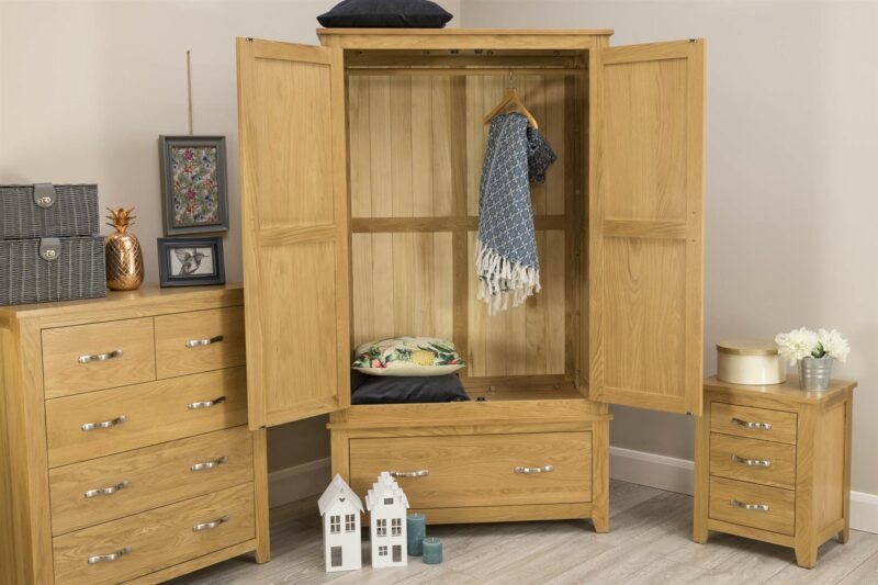 Ninaka Solid Oak Double Wardrobe – 1 Drawer Storage - Image 2