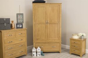 Ninaka Solid Oak Double Wardrobe – 1 Drawer Storage